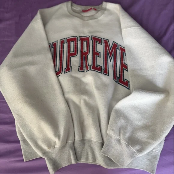 Supreme White Crewneck Sweater with Red Logo